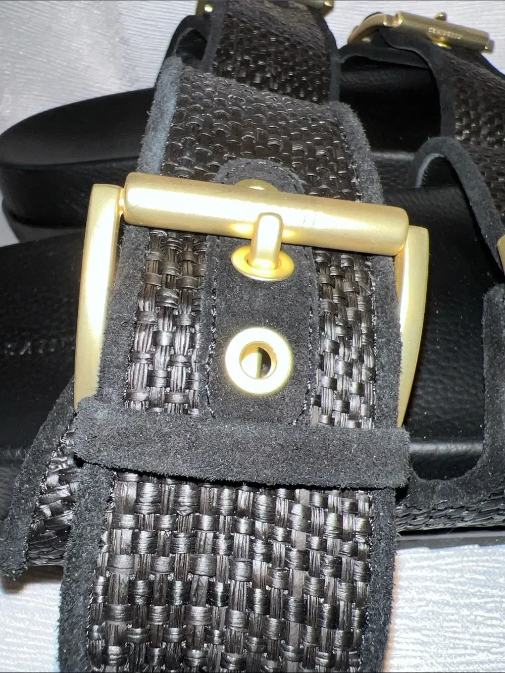 AllSaints Black Woven Double-Strap Slides with Metallic Buckles SB9